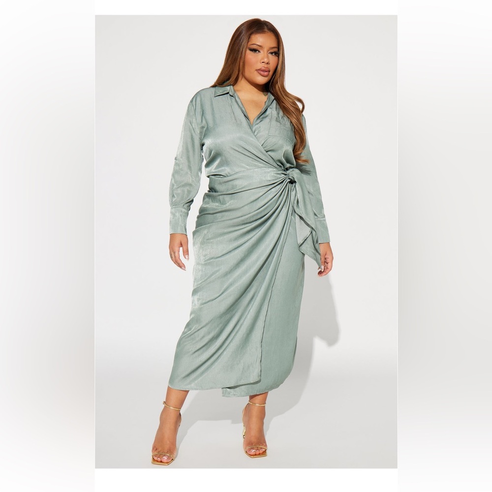 Business Classy Maxi Shirt Dress in SAGE